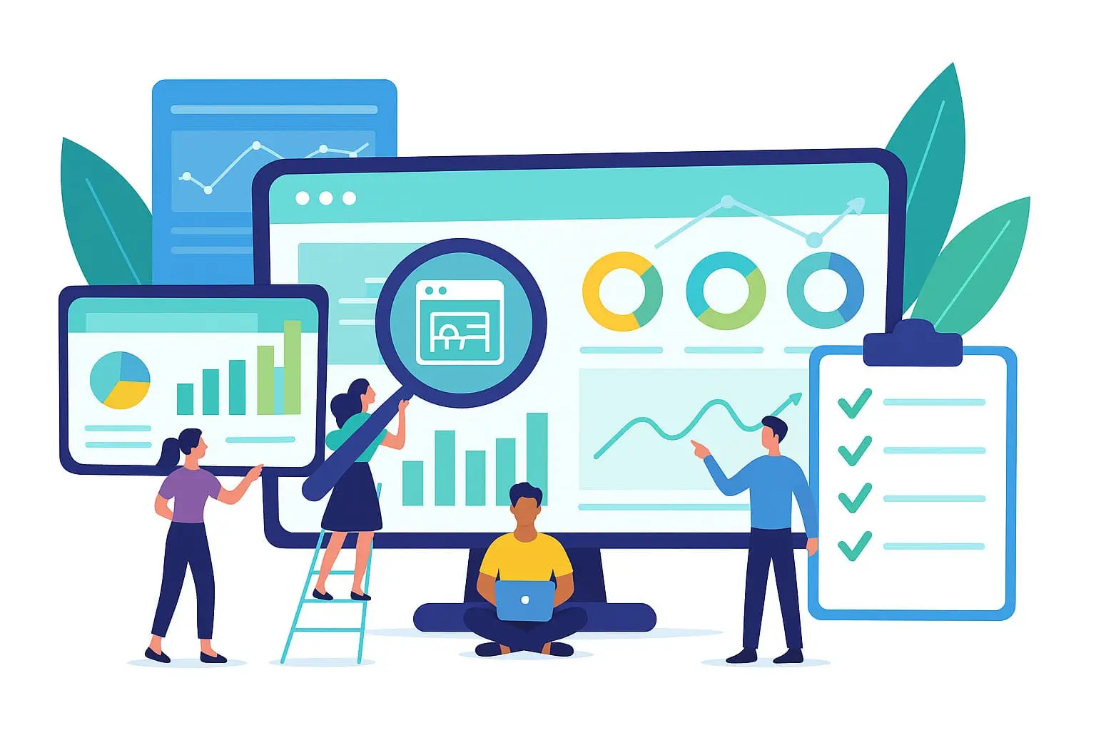 Illustration of team analyzing SEO strategy with dashboard, charts, and checklists
