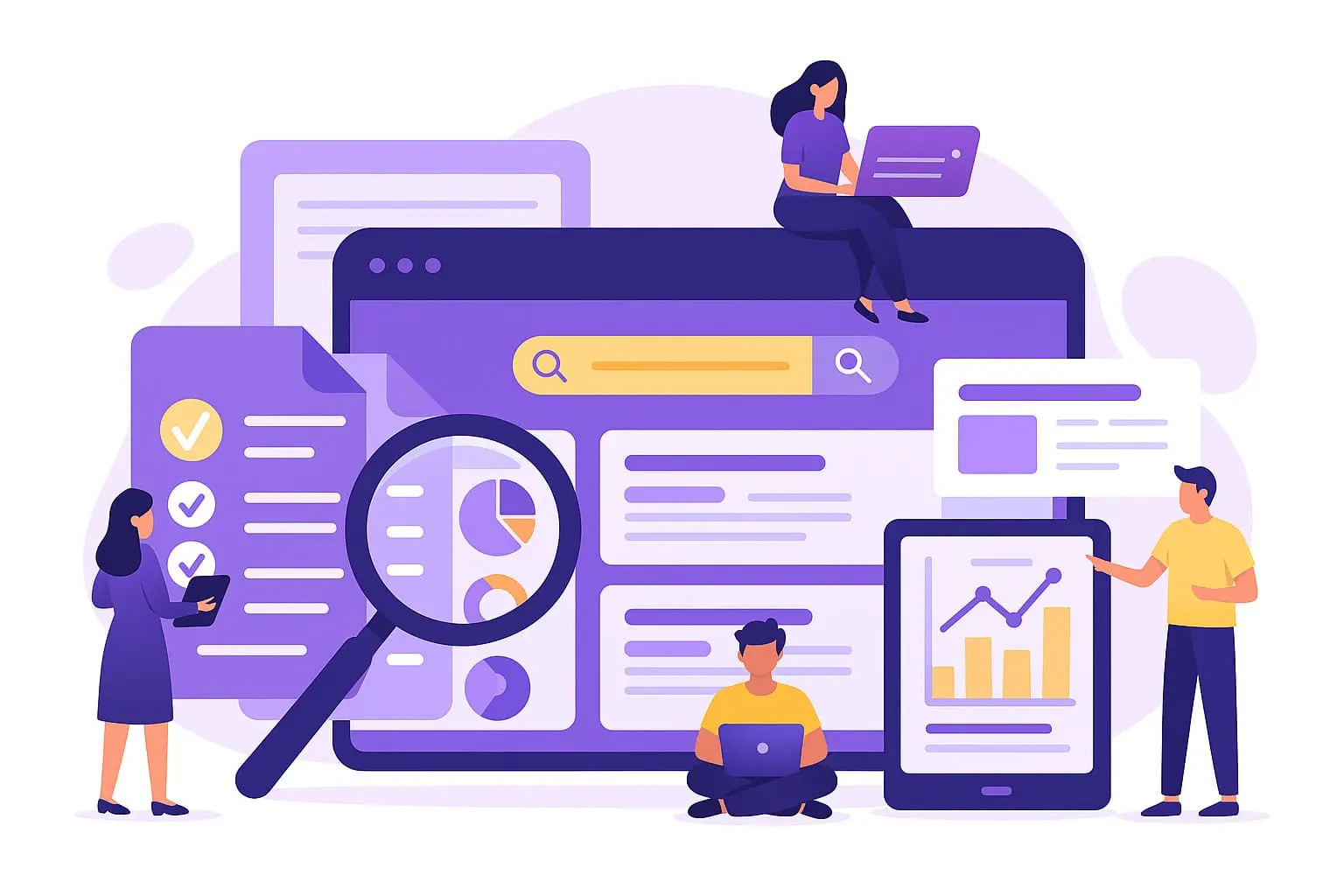 Flat-style image showing website content audit with meta tags, headers, and optimization icons