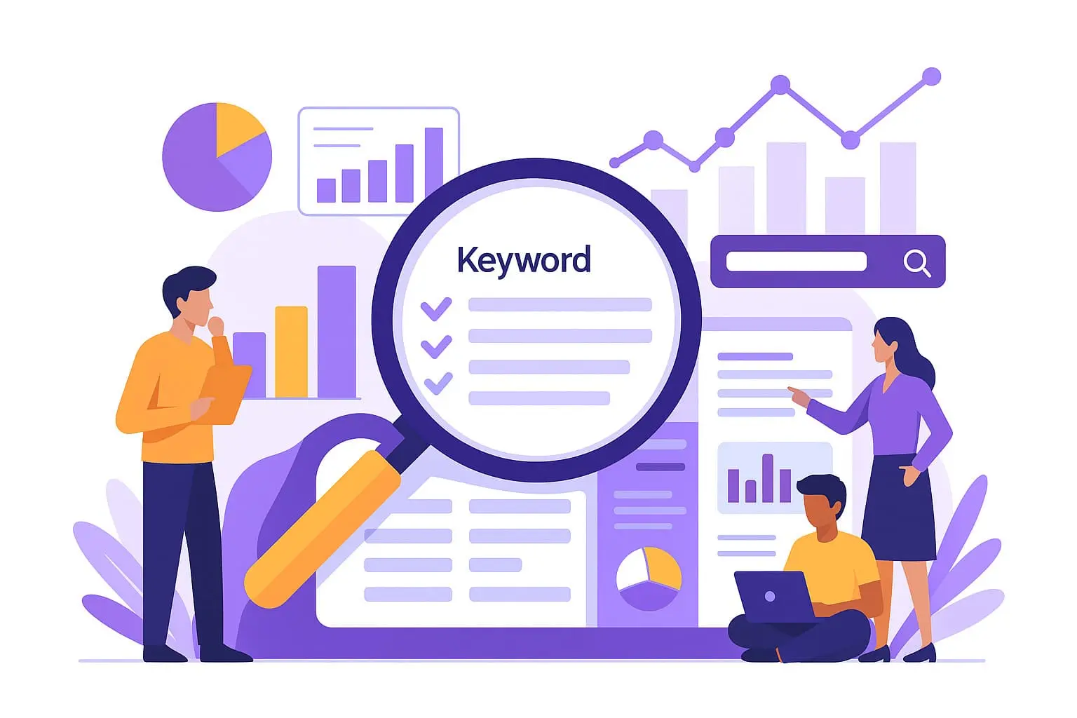 Vector graphic of people researching keywords using magnifying glass, charts, and SERP elements