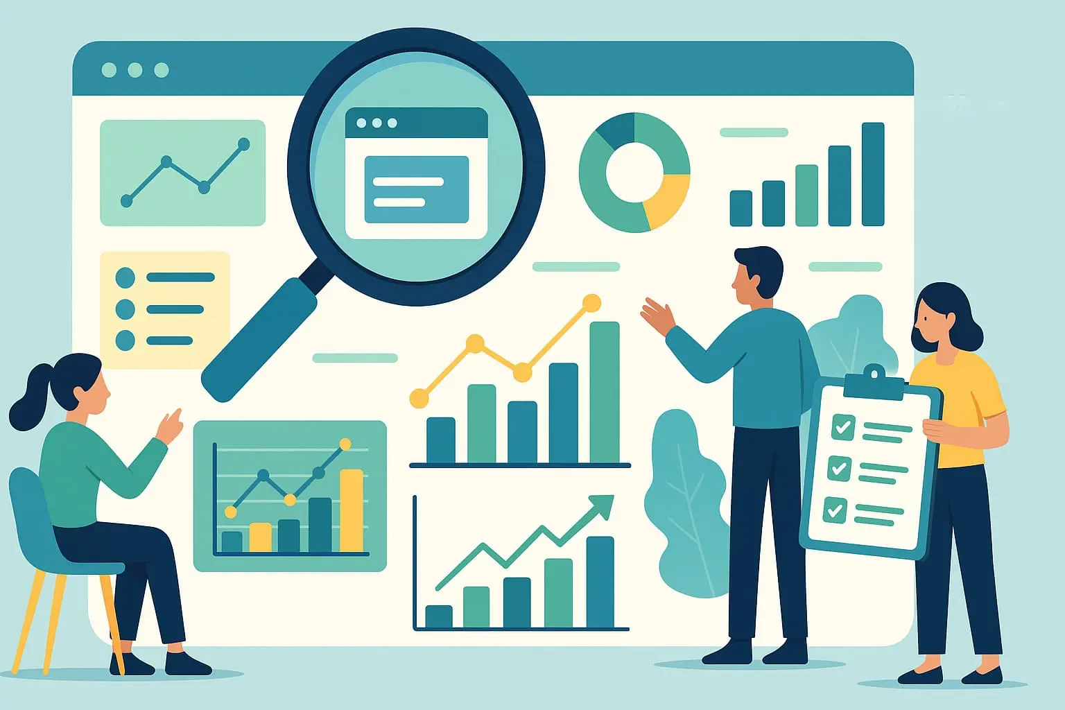 Illustration of technical SEO process with gears, crawl bots, backlink structure, and performance metrics