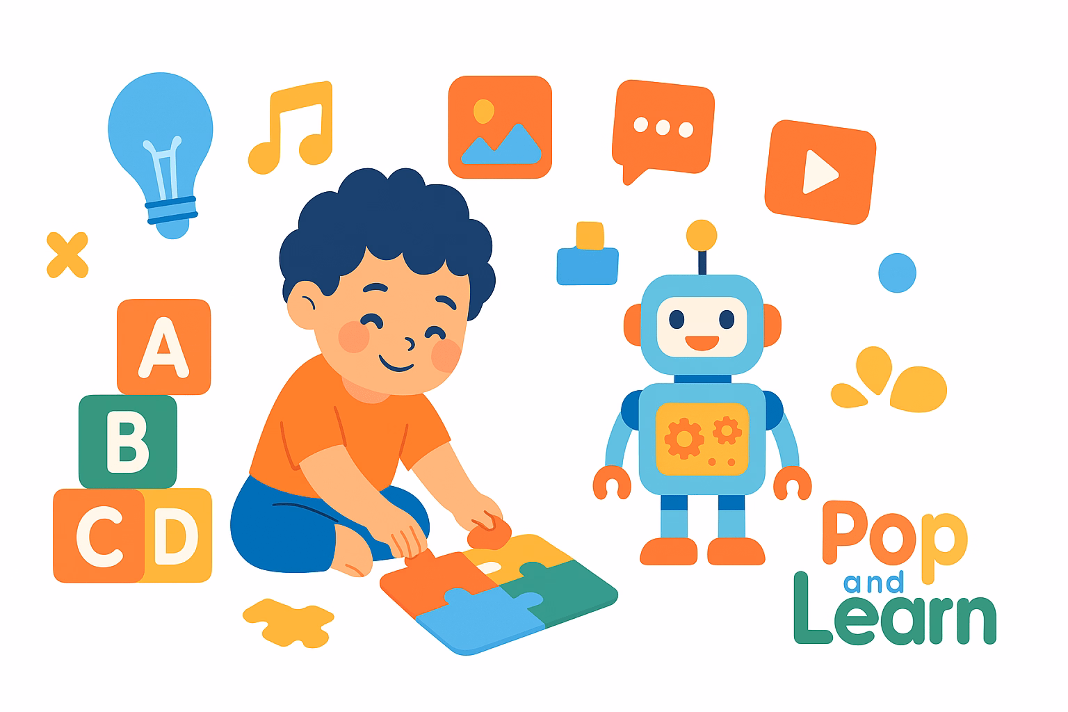 A boy playing with interactive toys in vector format